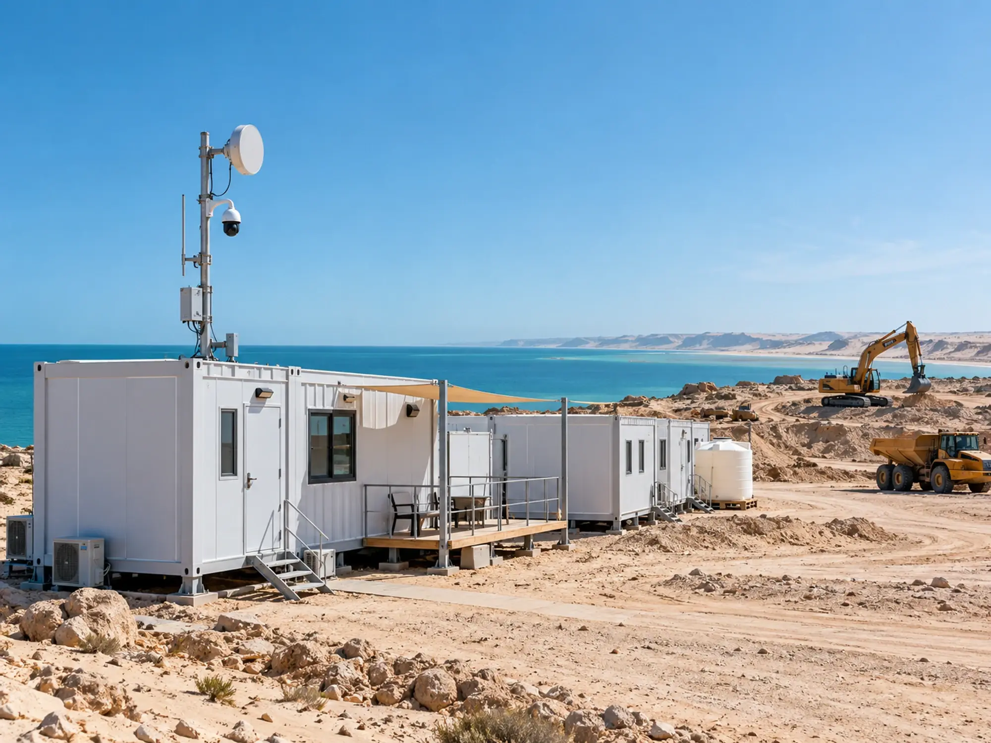 Base vie de chantier avec bureaux modulaires, antenne Wi-Fi et caméra
