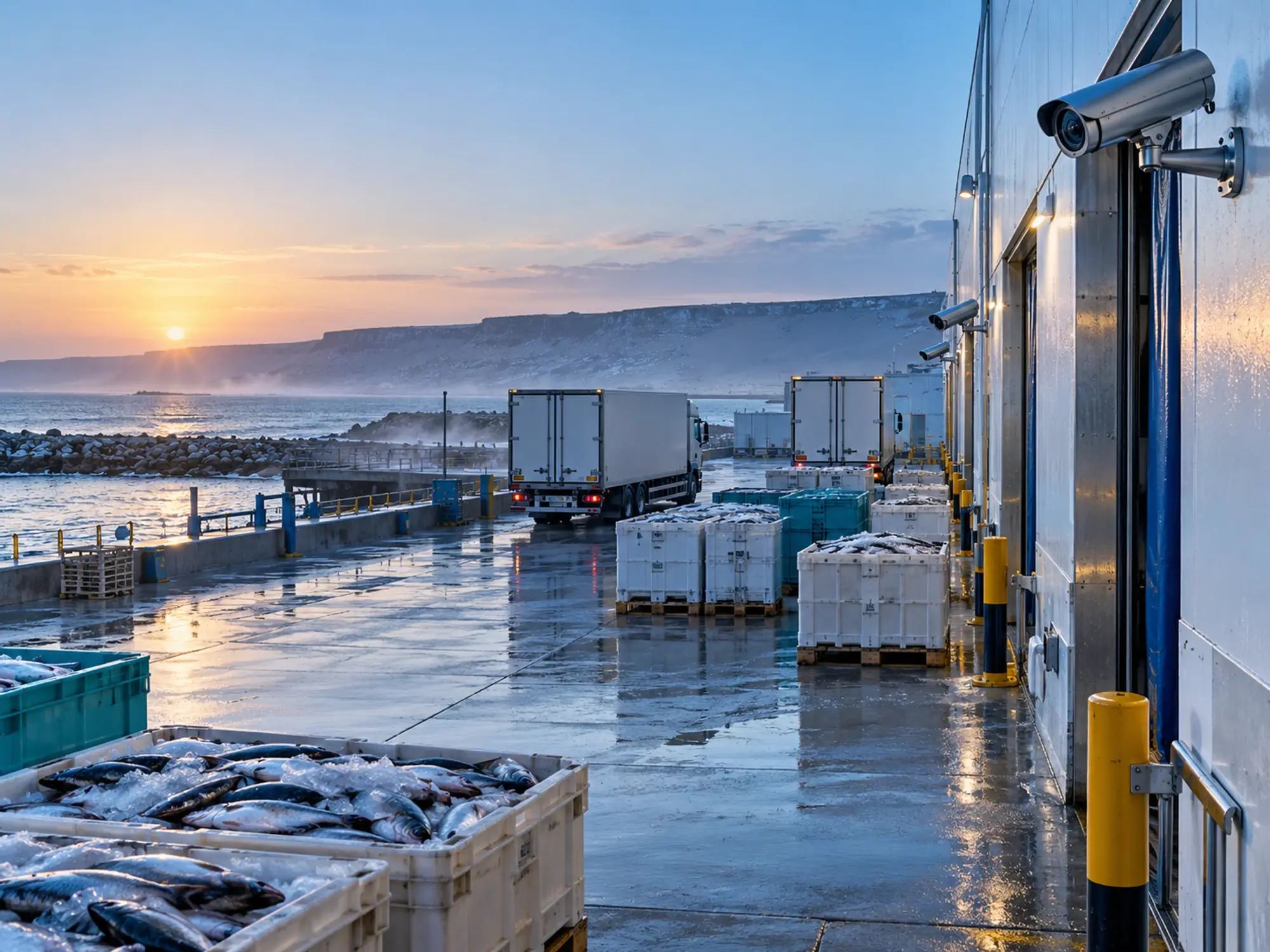 Quai de déchargement d'une usine de produits de la mer équipé de caméras de surveillance