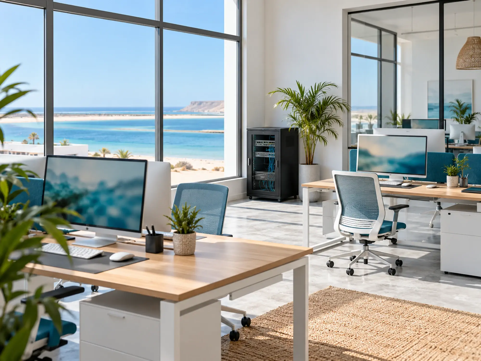 Bureau lumineux de PME avec postes de travail et baie réseau compacte